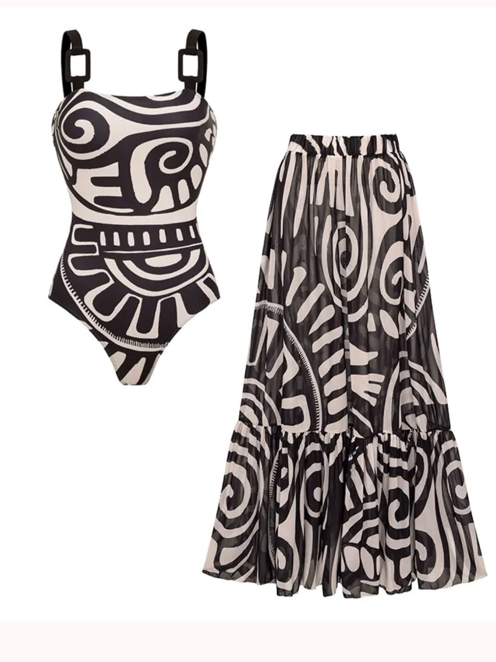Monochrome Swirl One-Piece Swimsuit with Matching Skirt